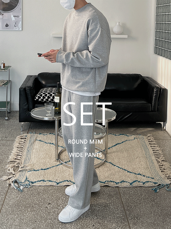 [SET]이중지 베이직 라운드 오버핏 맨투맨 +와이드 밴딩팬츠